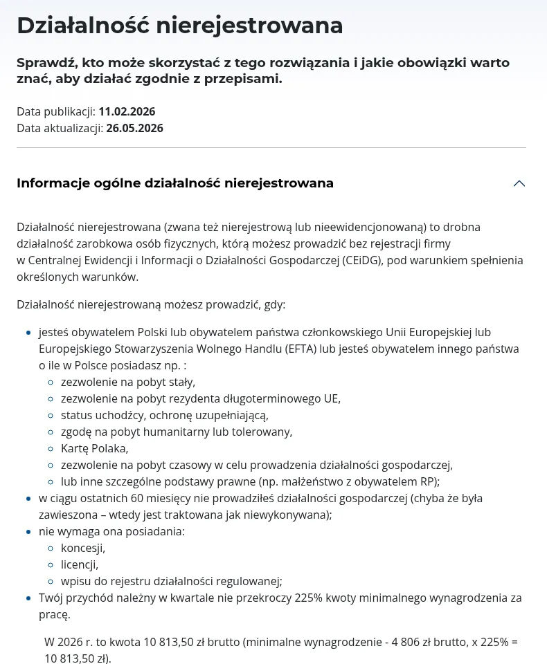 Działalność nierejestrowana 2026 – limit 10 813,50 zł na kwartał na stronie podatki.gov.pl